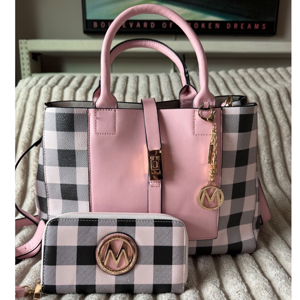 Mia K. Collection Pink Gingham Satchel and Matching Zip Around Wallet Set